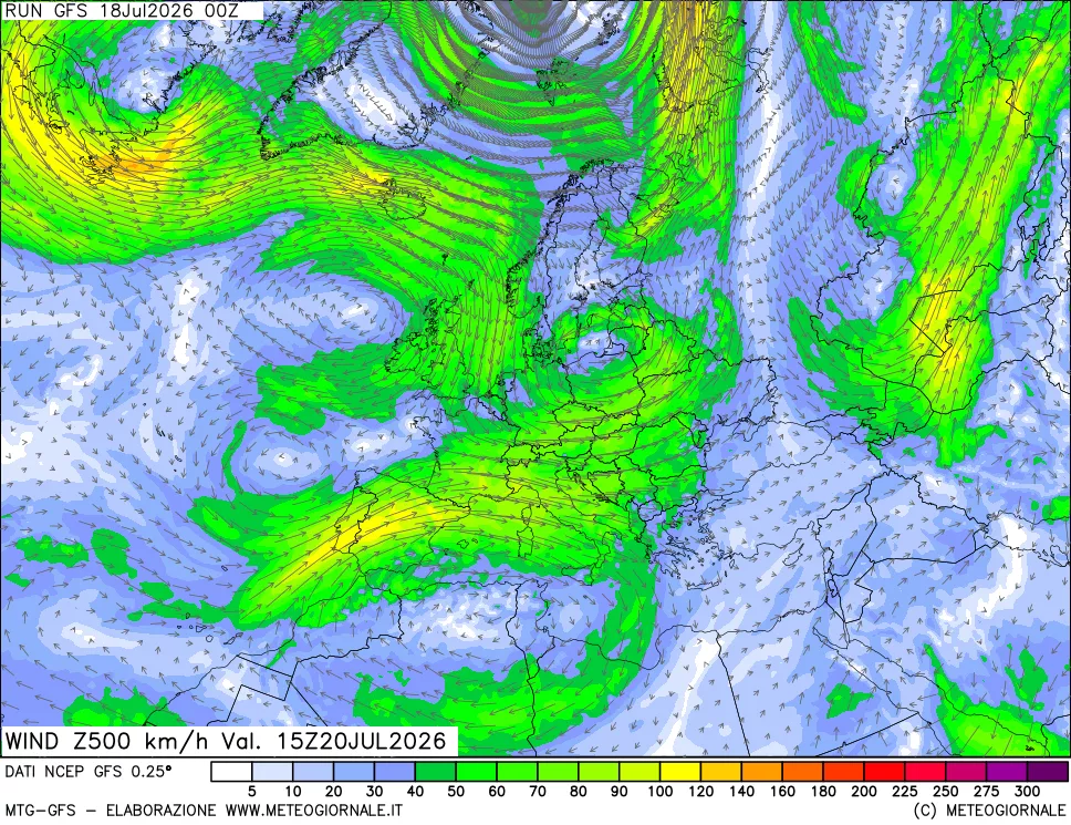 mappa 500 hPa Vento forza e direzione