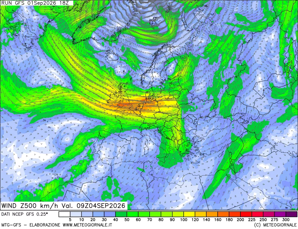 mappa 500 hPa Vento forza e direzione
