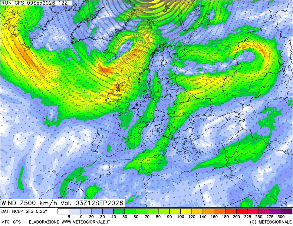 mappa 500 hPa Vento forza e direzione