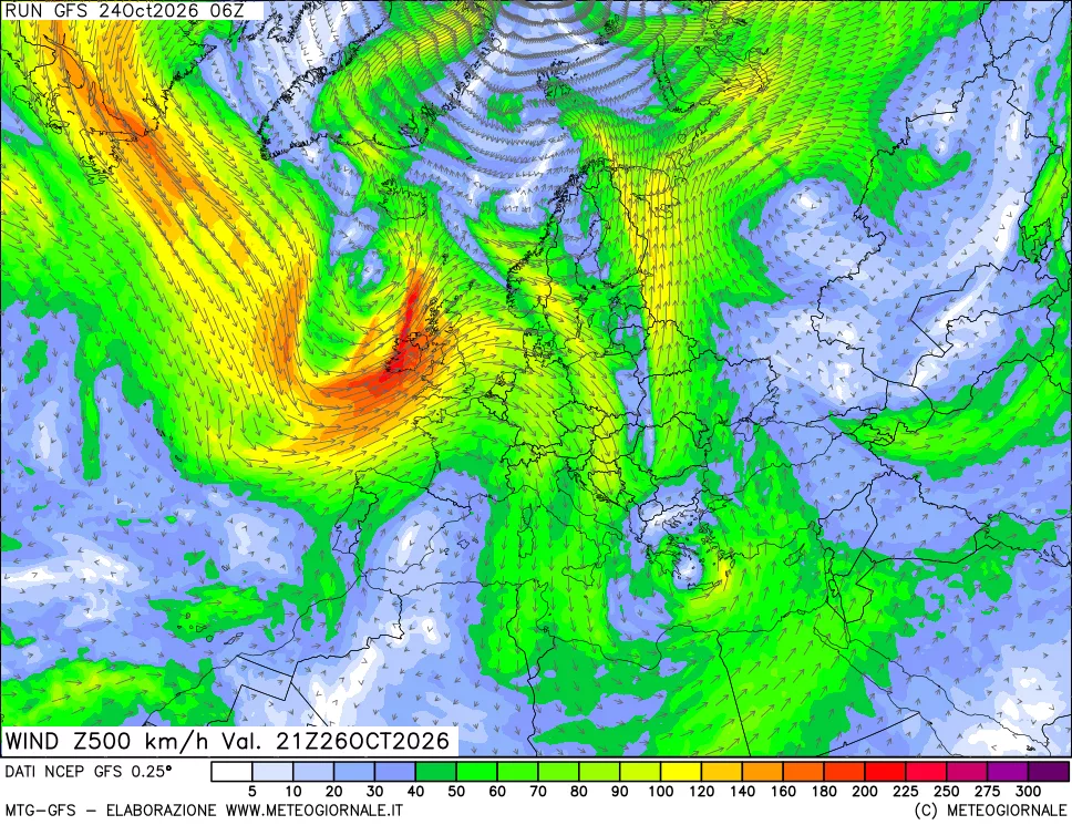 mappa 500 hPa Vento forza e direzione