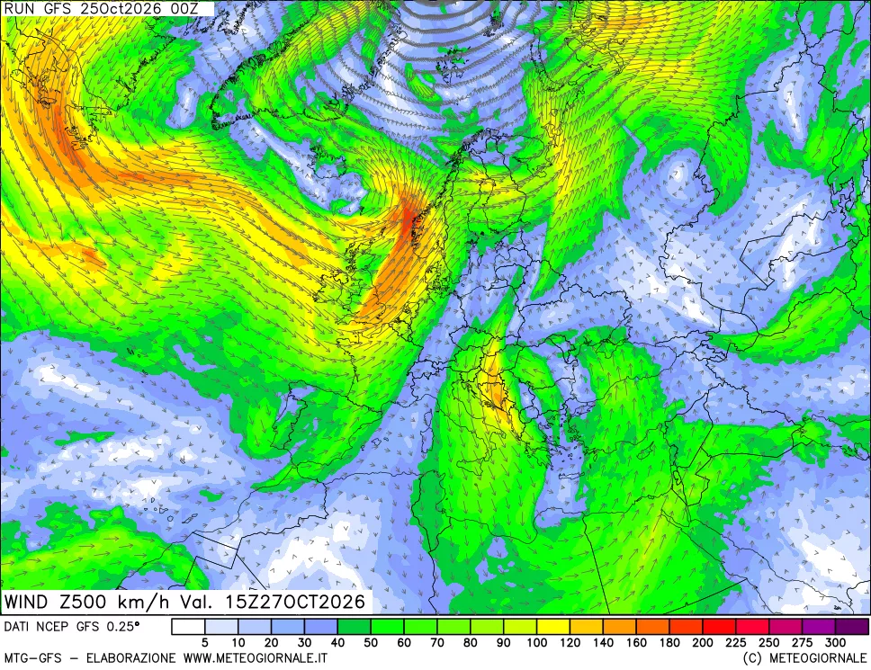 mappa 500 hPa Vento forza e direzione
