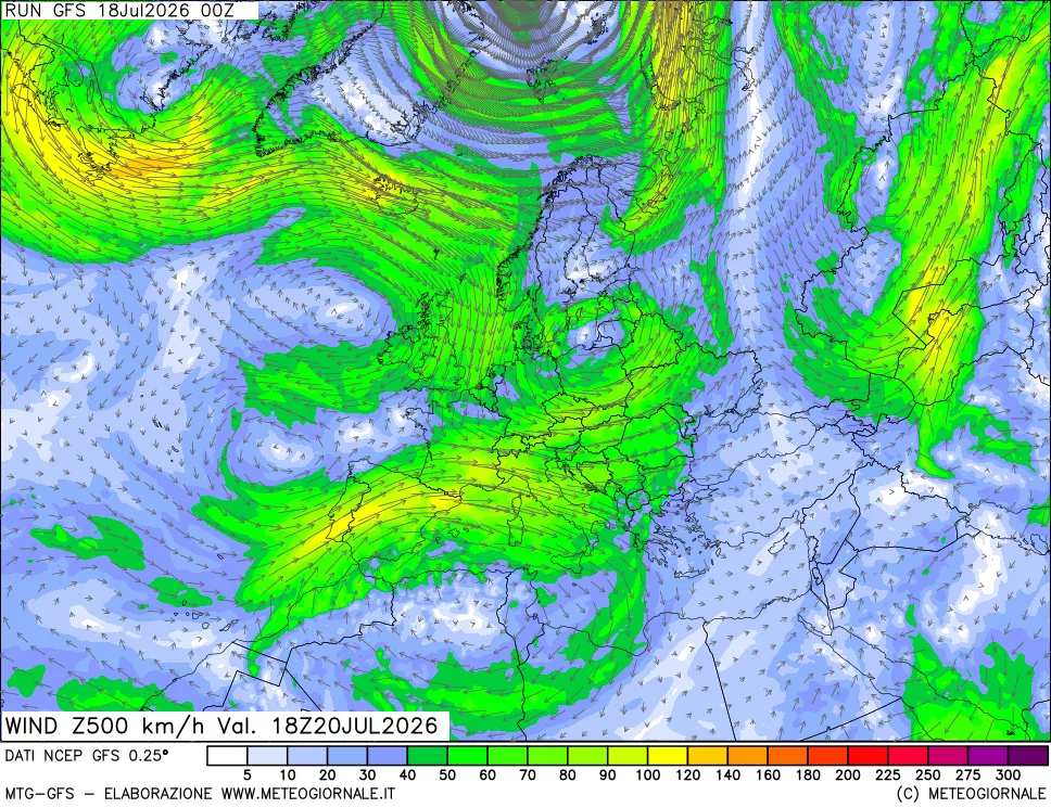 mappa 500 hPa Vento forza e direzione