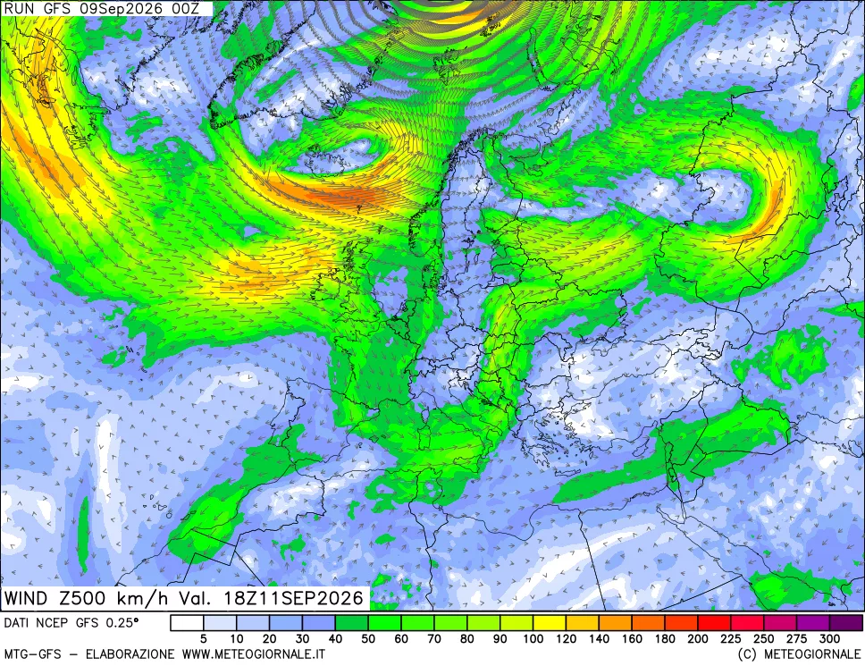 mappa 500 hPa Vento forza e direzione