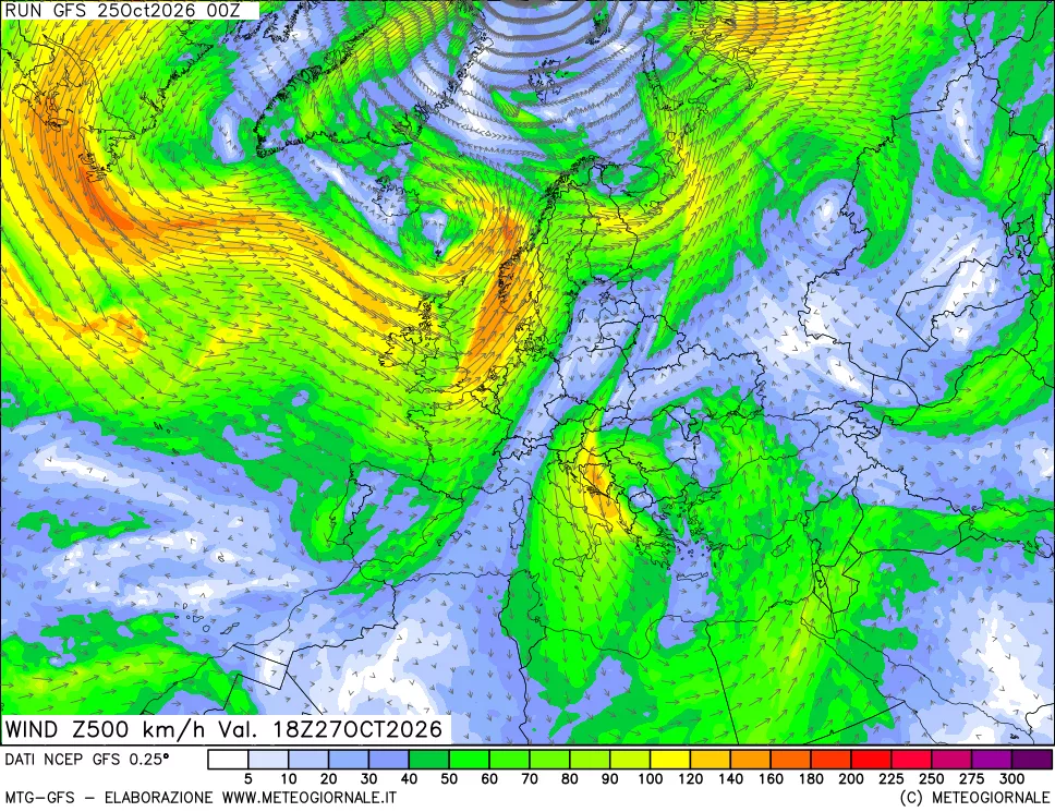 mappa 500 hPa Vento forza e direzione