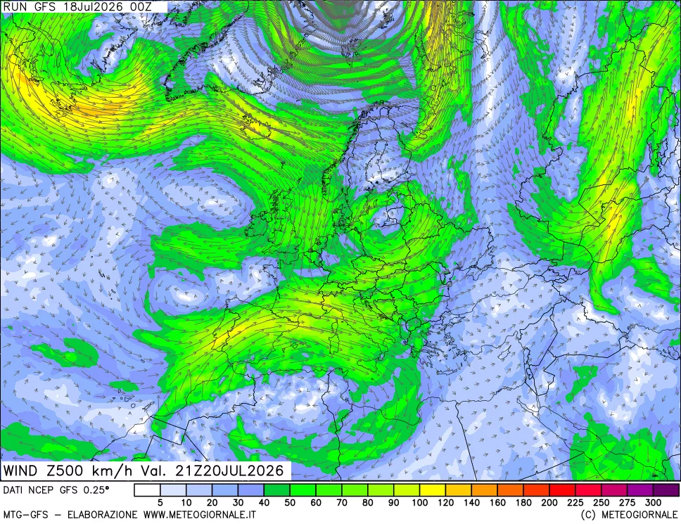mappa 500 hPa Vento forza e direzione