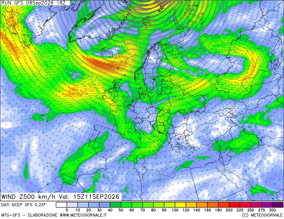 mappa 500 hPa Vento forza e direzione