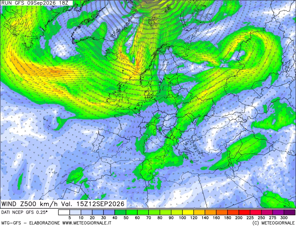 mappa 500 hPa Vento forza e direzione