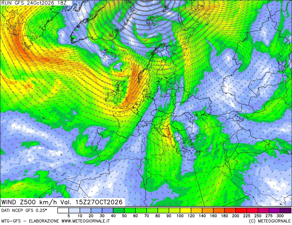 mappa 500 hPa Vento forza e direzione