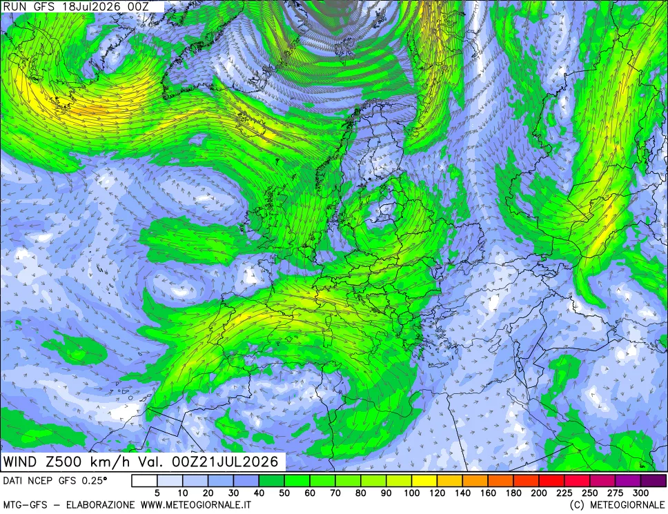 mappa 500 hPa Vento forza e direzione