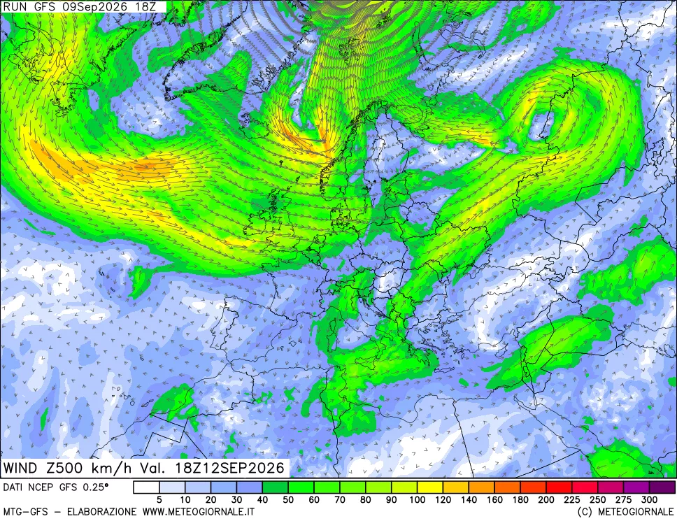 mappa 500 hPa Vento forza e direzione