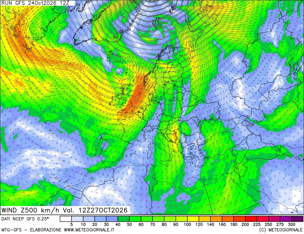 mappa 500 hPa Vento forza e direzione