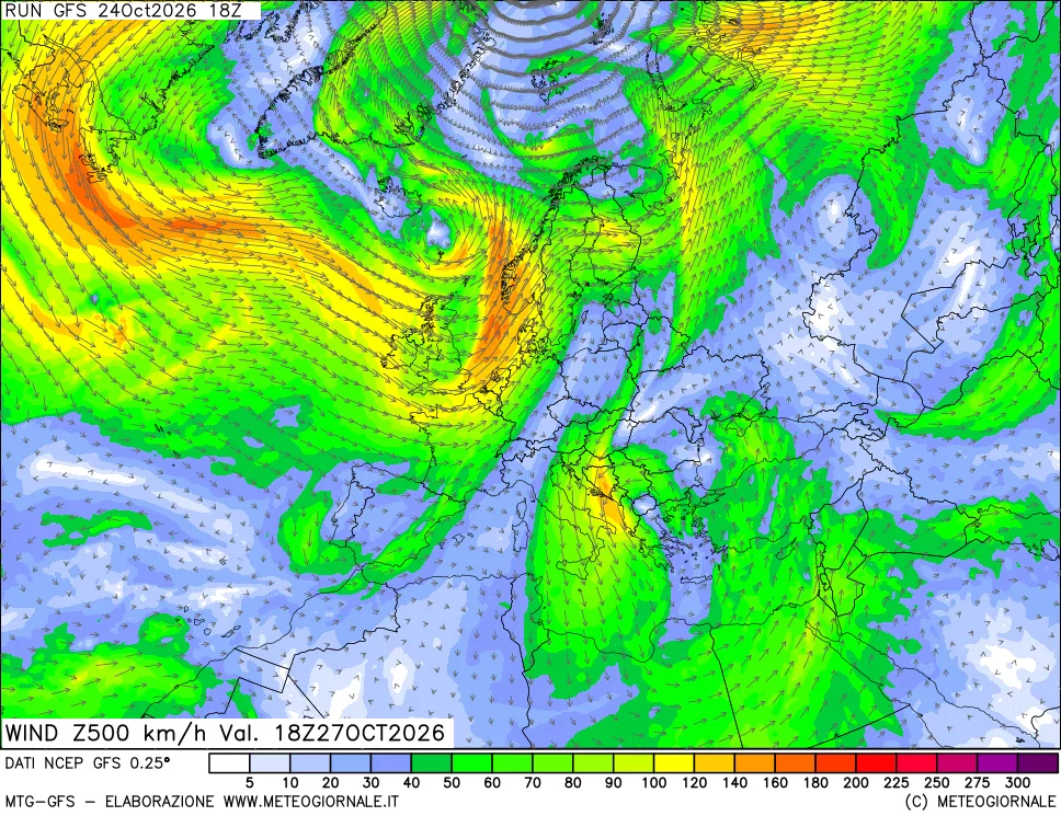 mappa 500 hPa Vento forza e direzione