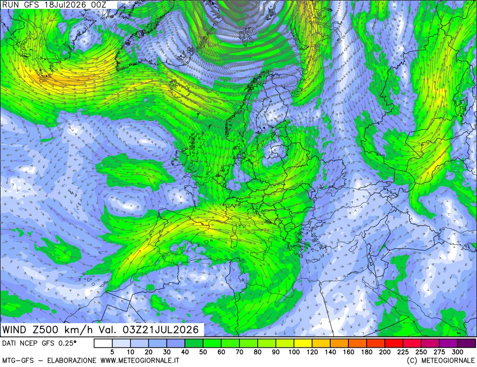 mappa 500 hPa Vento forza e direzione