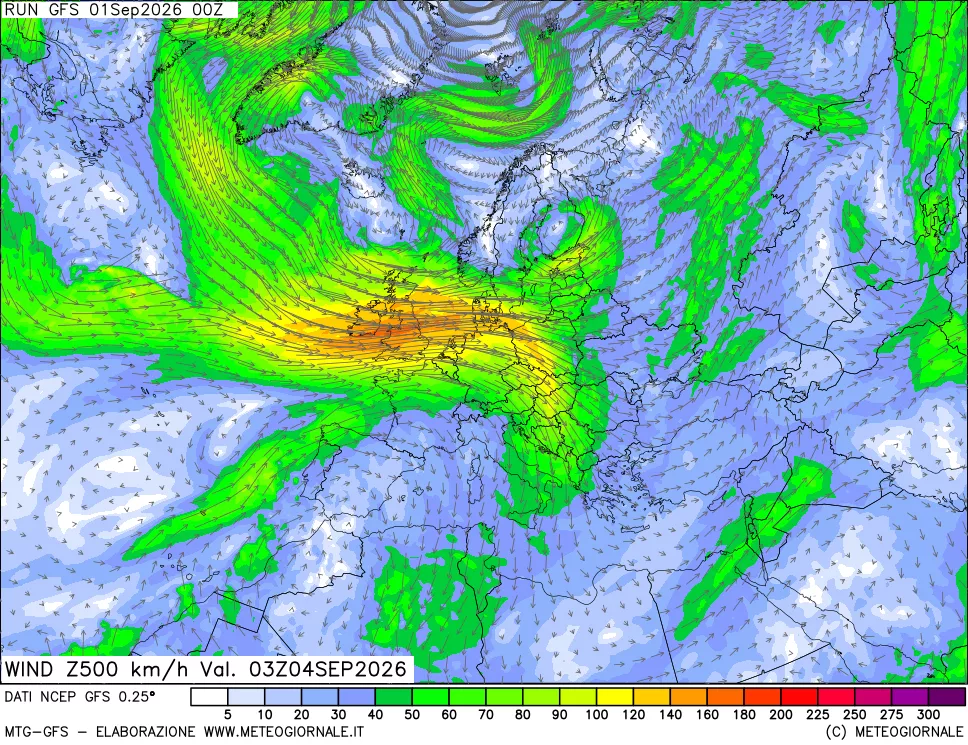 mappa 500 hPa Vento forza e direzione