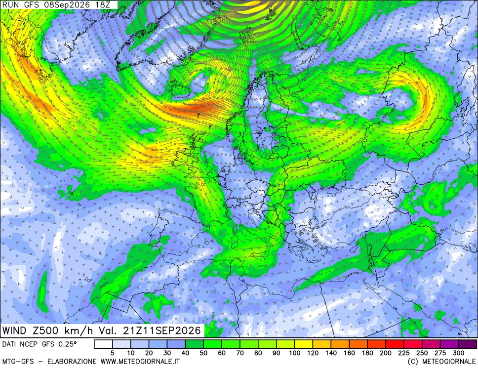mappa 500 hPa Vento forza e direzione