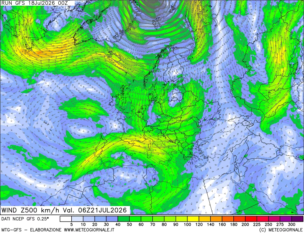 mappa 500 hPa Vento forza e direzione