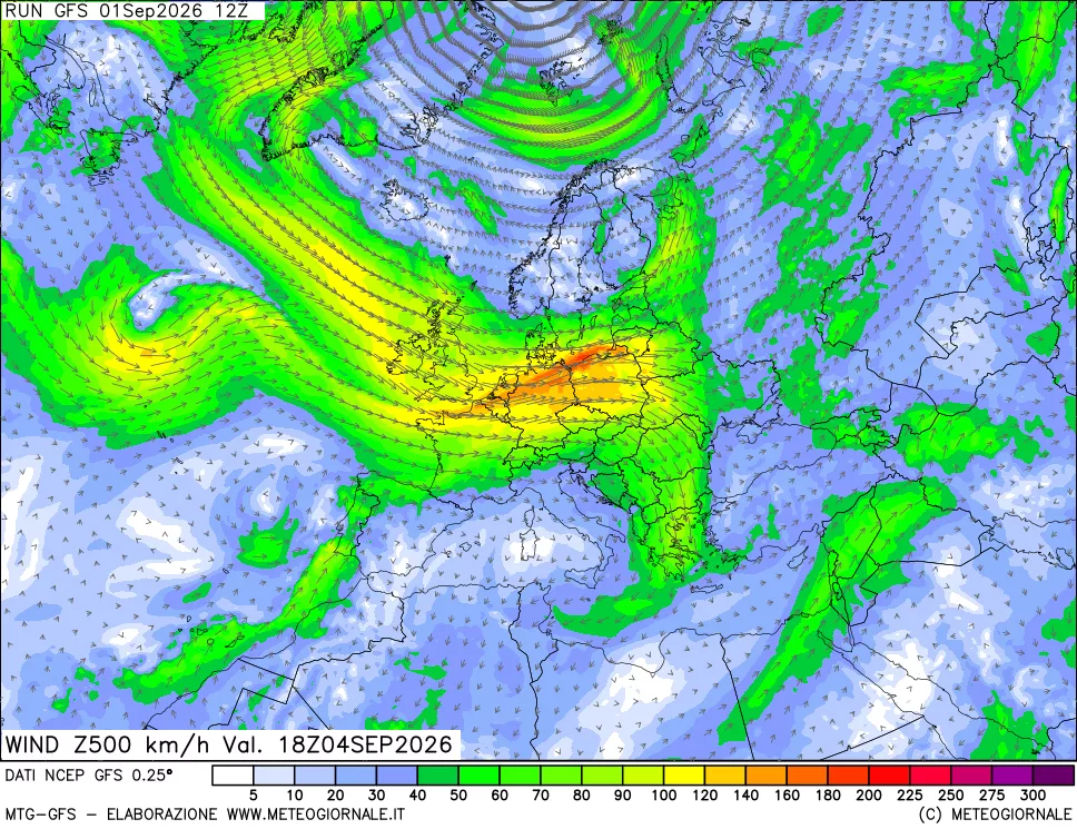 mappa 500 hPa Vento forza e direzione
