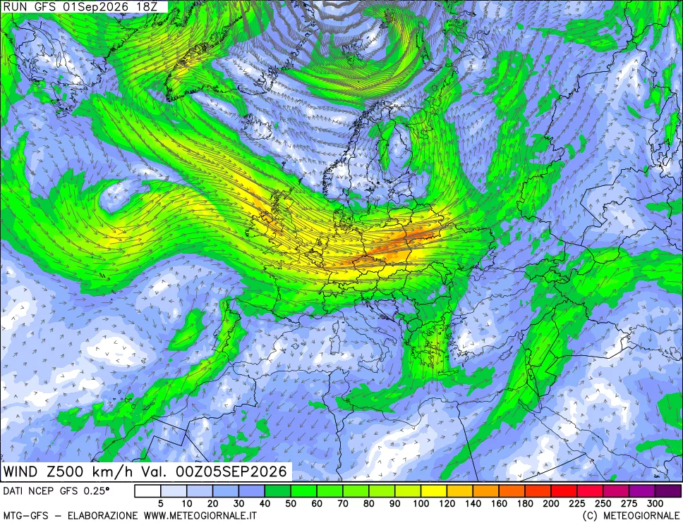 mappa 500 hPa Vento forza e direzione