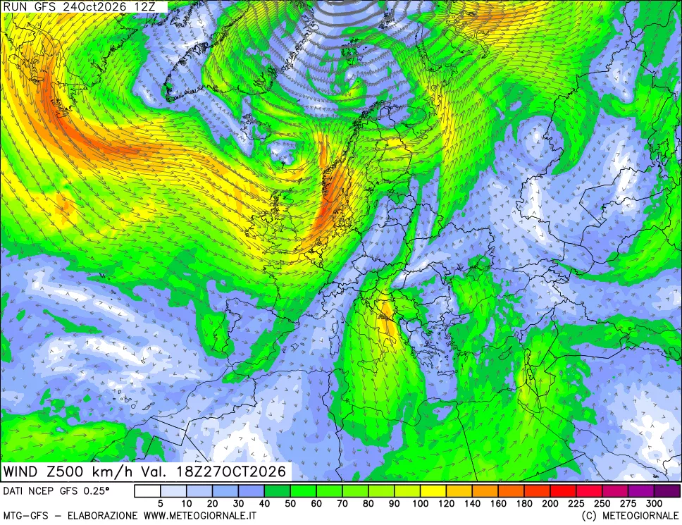 mappa 500 hPa Vento forza e direzione