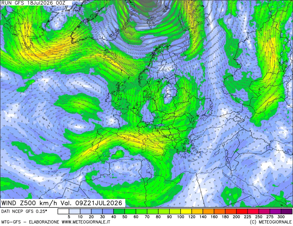 mappa 500 hPa Vento forza e direzione