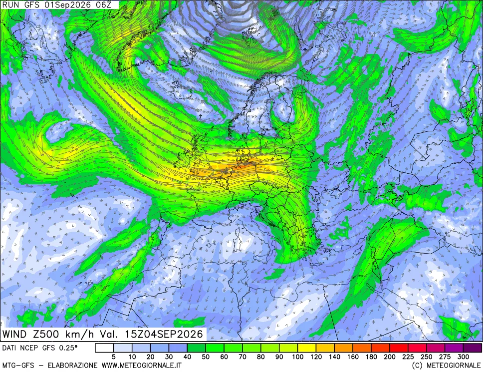 mappa 500 hPa Vento forza e direzione
