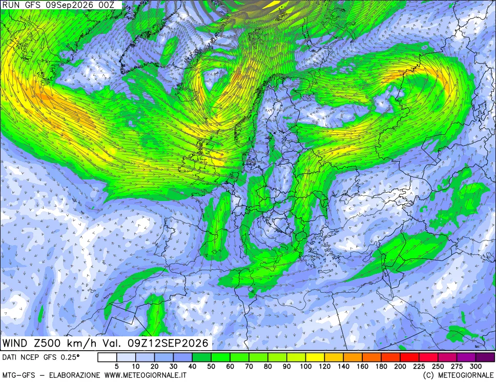 mappa 500 hPa Vento forza e direzione