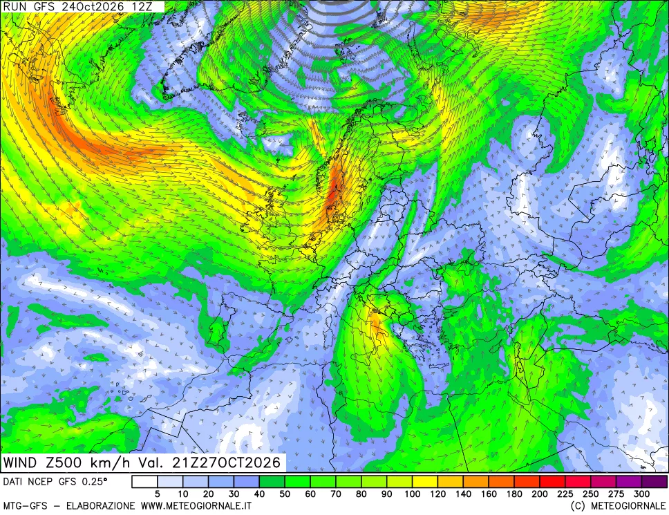 mappa 500 hPa Vento forza e direzione
