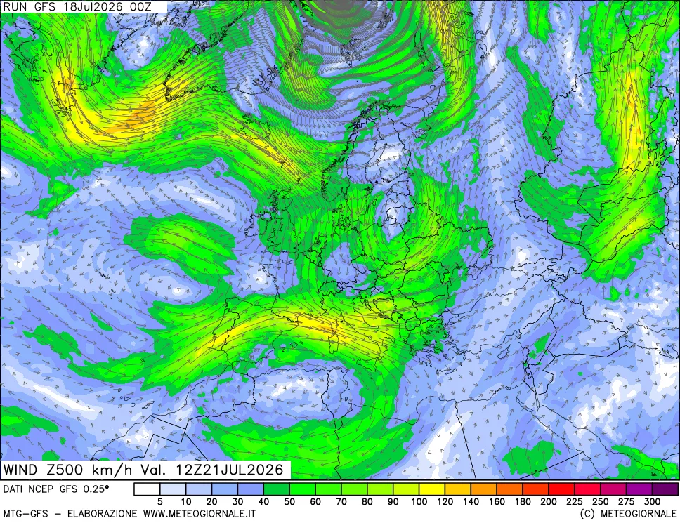 mappa 500 hPa Vento forza e direzione