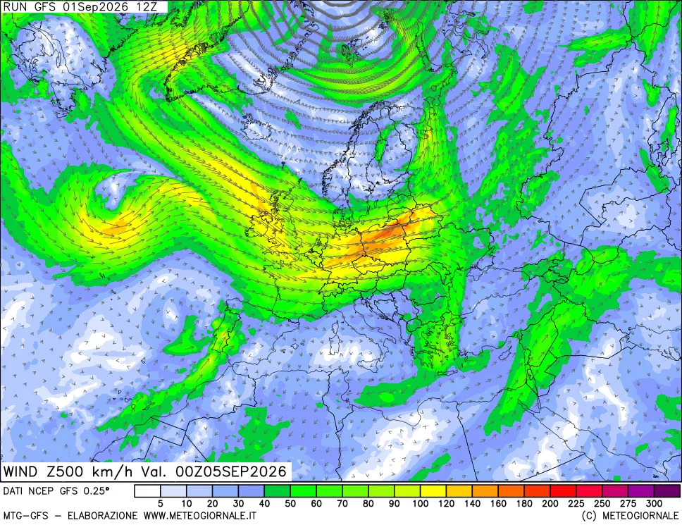 mappa 500 hPa Vento forza e direzione