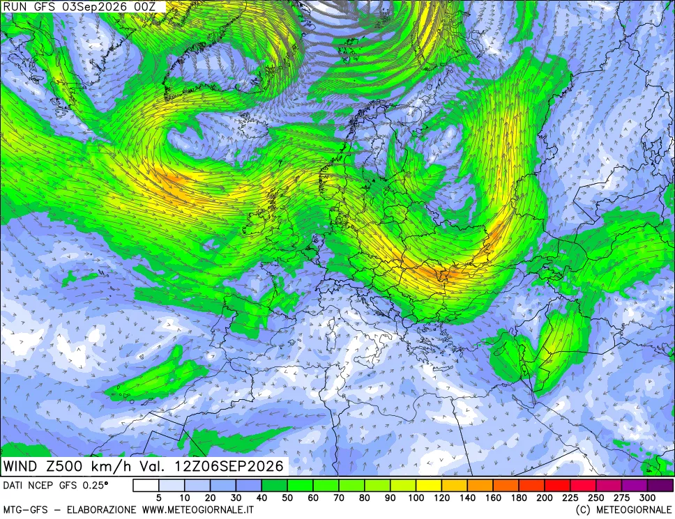 mappa 500 hPa Vento forza e direzione