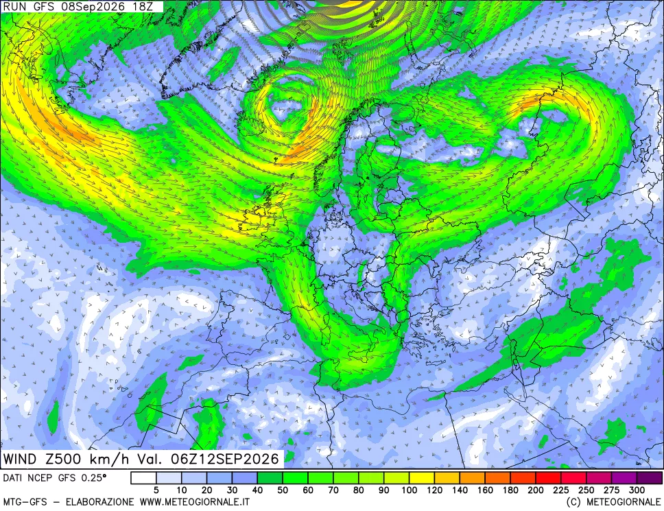 mappa 500 hPa Vento forza e direzione