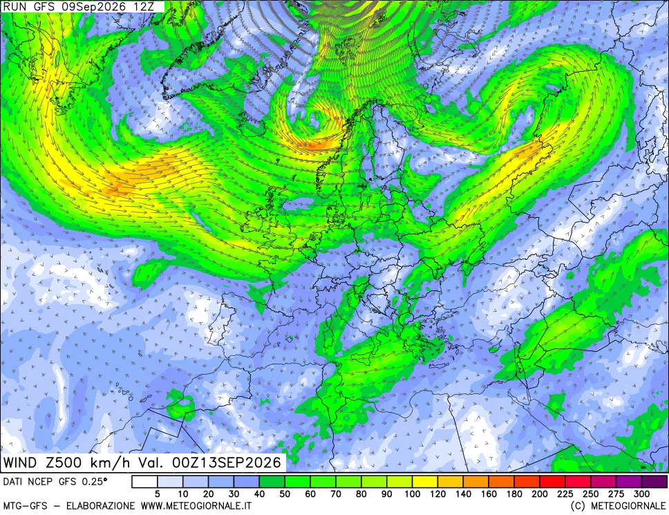 mappa 500 hPa Vento forza e direzione