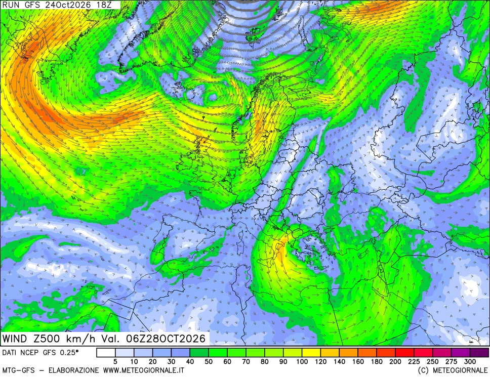 mappa 500 hPa Vento forza e direzione