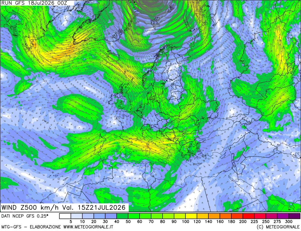 mappa 500 hPa Vento forza e direzione