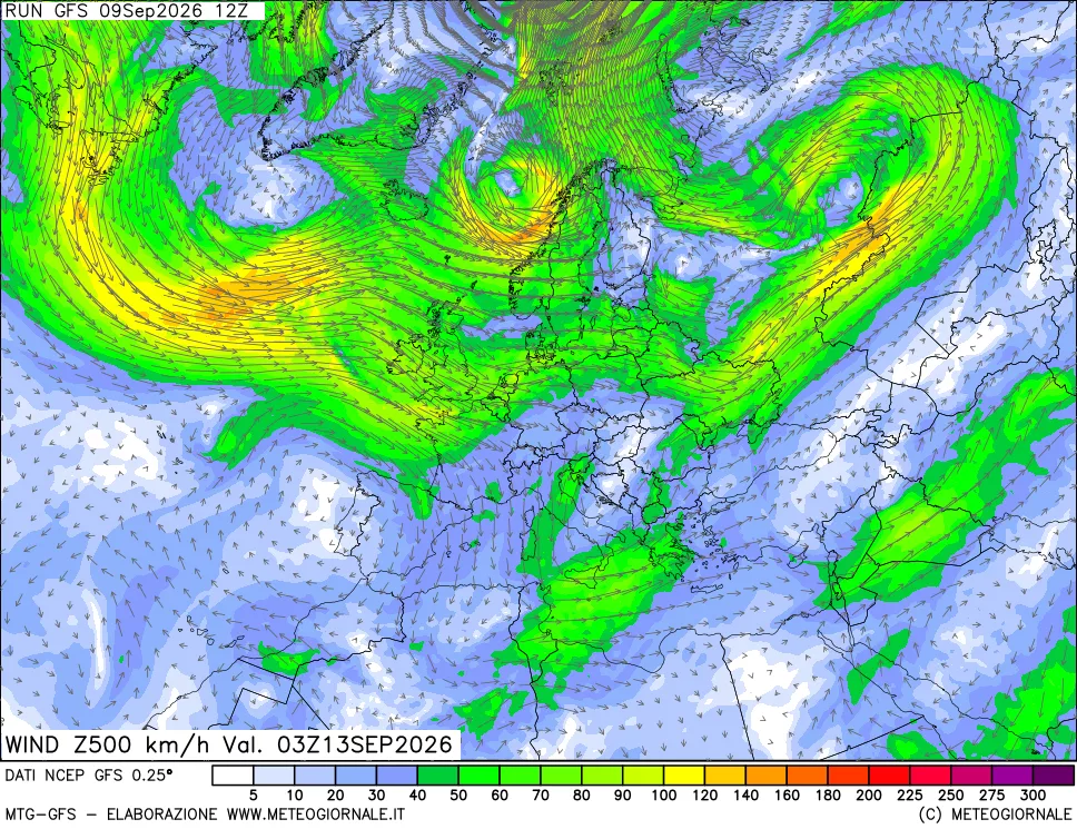 mappa 500 hPa Vento forza e direzione