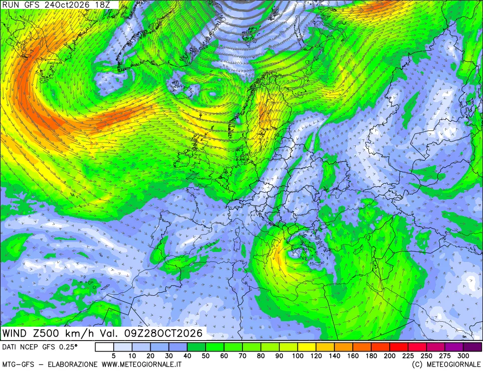 mappa 500 hPa Vento forza e direzione