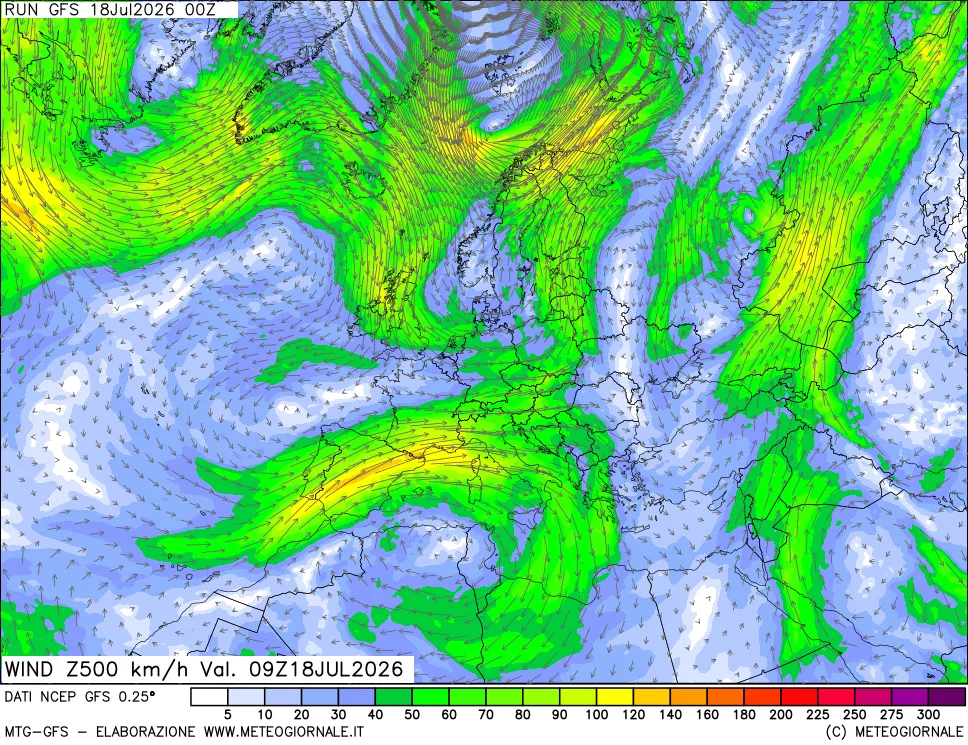 mappa 500 hPa Vento forza e direzione