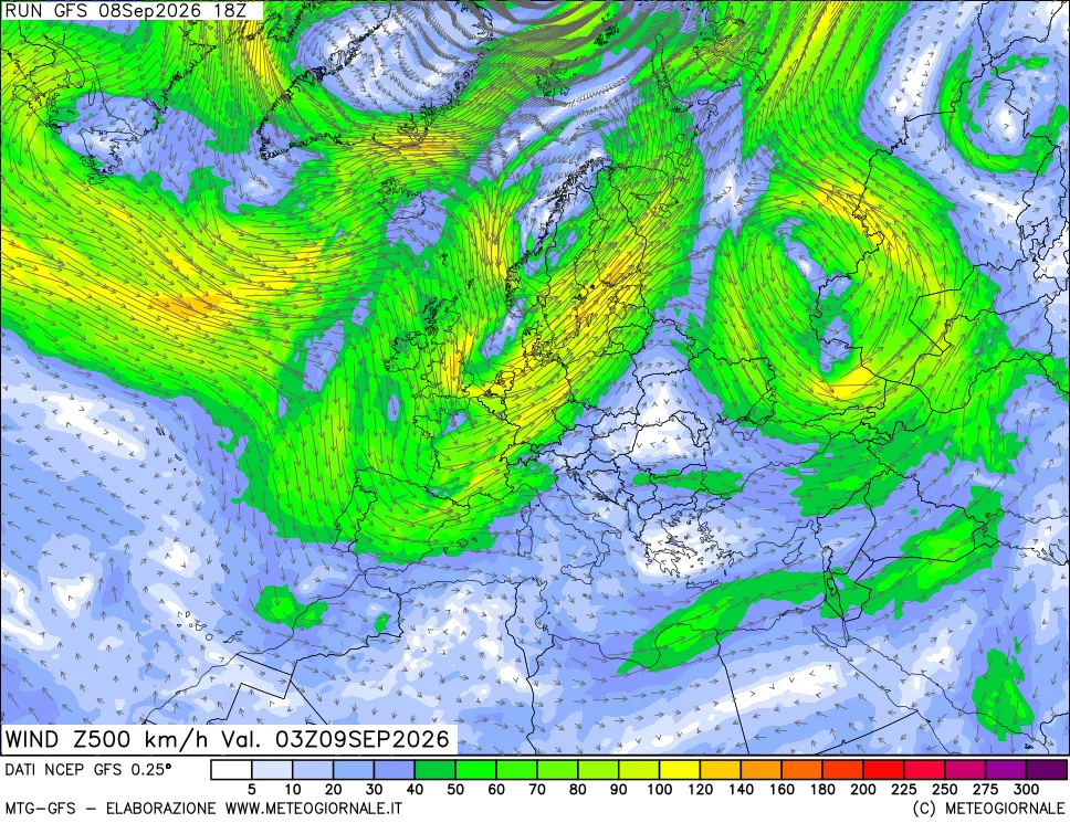 mappa 500 hPa Vento forza e direzione