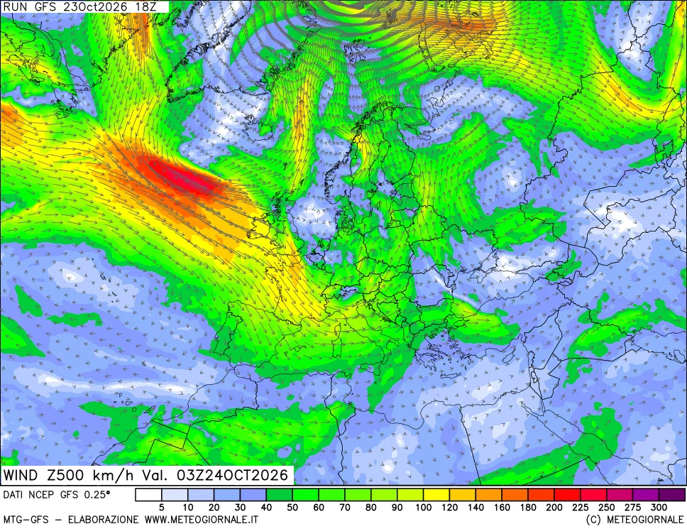 mappa 500 hPa Vento forza e direzione