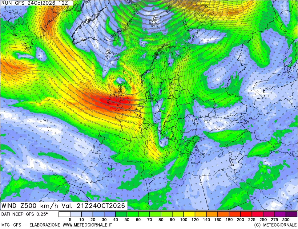 mappa 500 hPa Vento forza e direzione