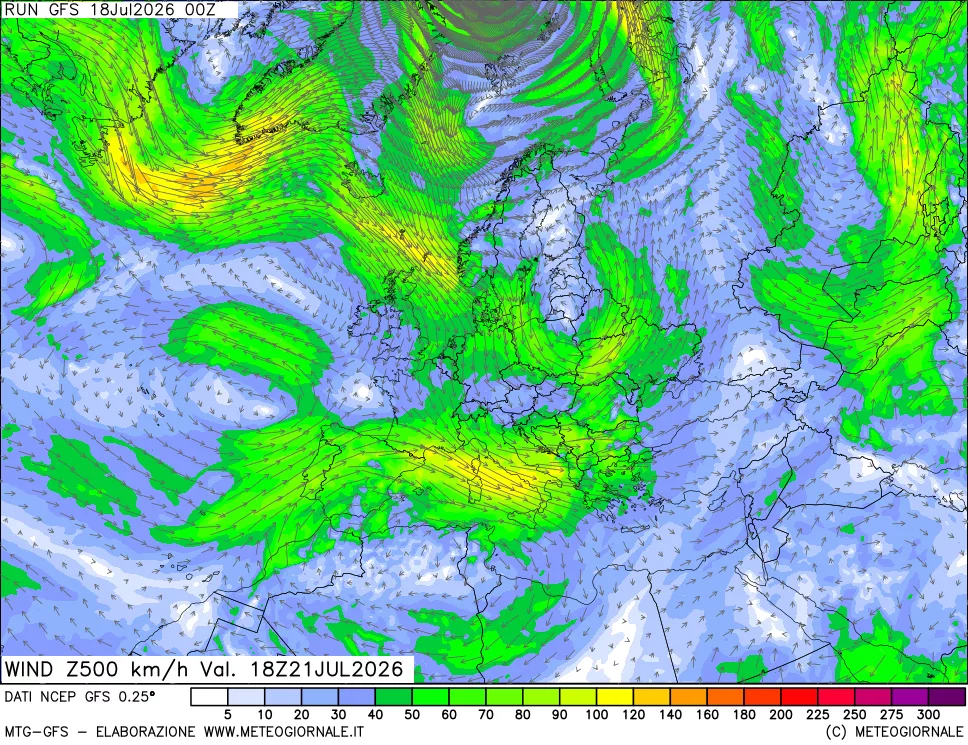 mappa 500 hPa Vento forza e direzione