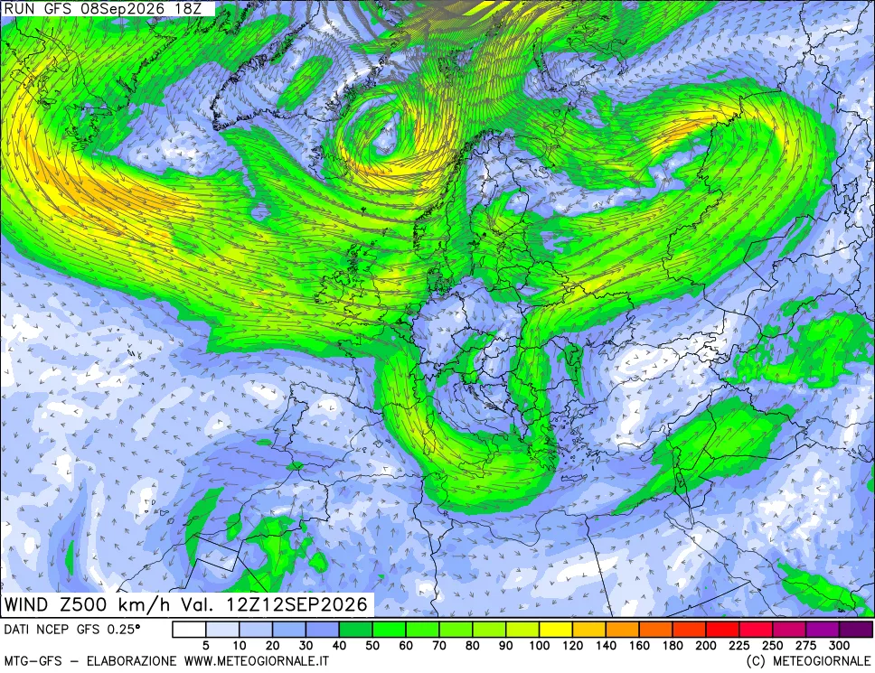 mappa 500 hPa Vento forza e direzione