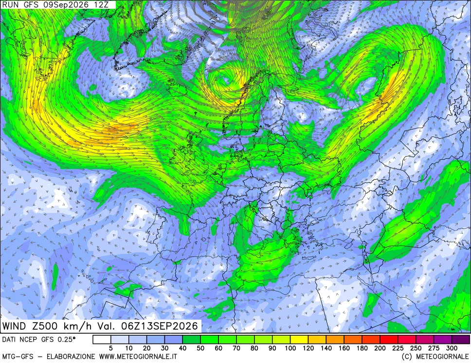 mappa 500 hPa Vento forza e direzione