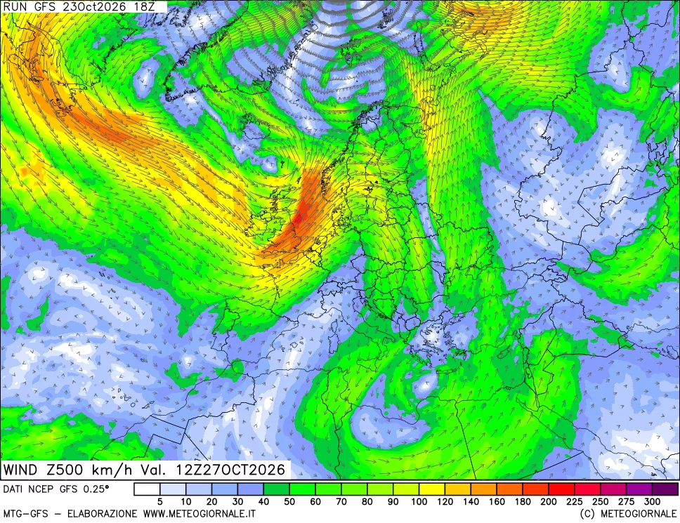 mappa 500 hPa Vento forza e direzione