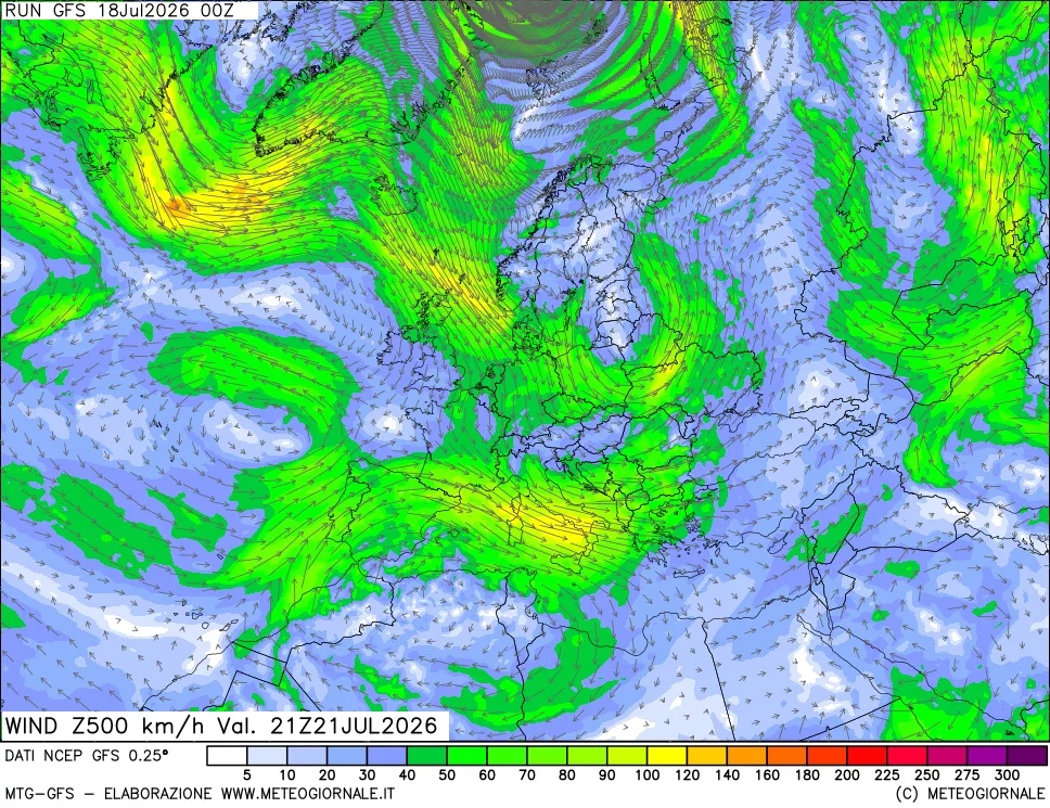 mappa 500 hPa Vento forza e direzione