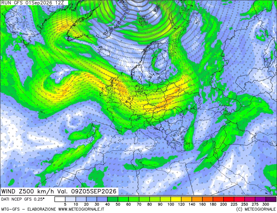 mappa 500 hPa Vento forza e direzione