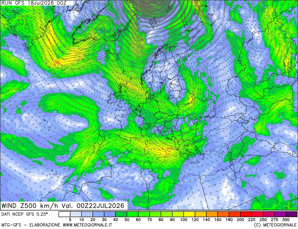 mappa 500 hPa Vento forza e direzione