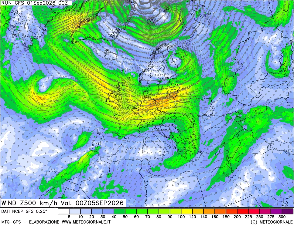 mappa 500 hPa Vento forza e direzione