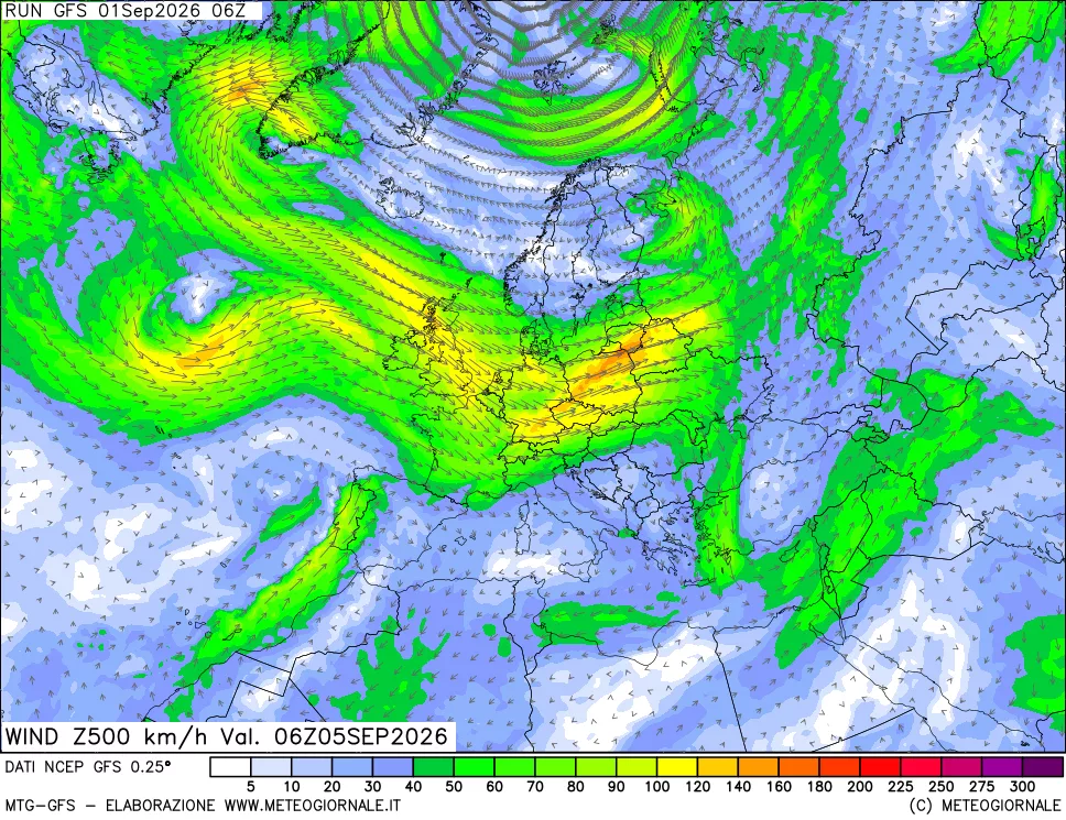 mappa 500 hPa Vento forza e direzione