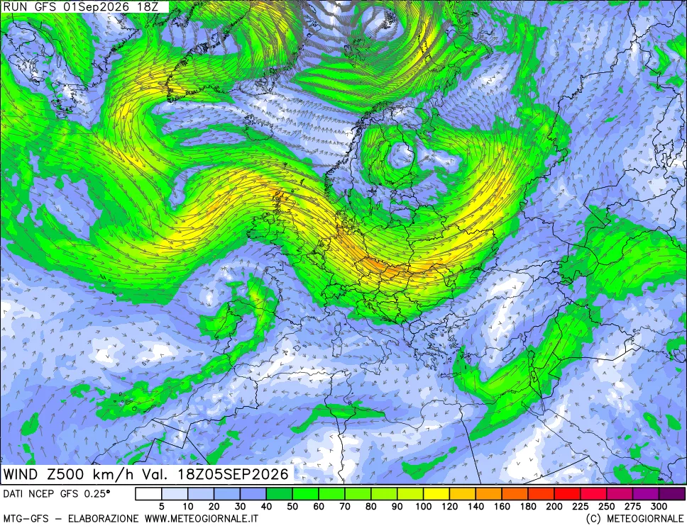 mappa 500 hPa Vento forza e direzione